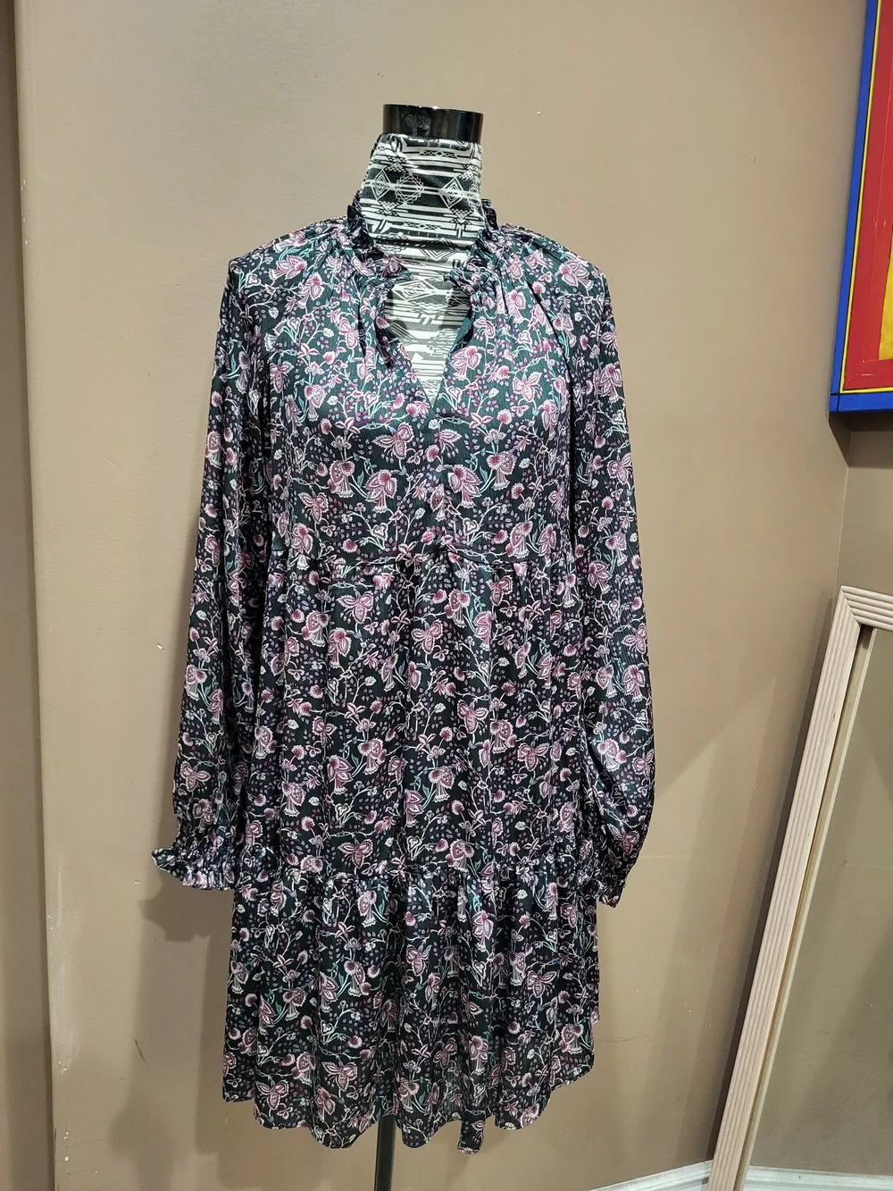 Floral Print Long Sleeve Tiered Mini Dress - Pink on Black - Picture 2 of 9